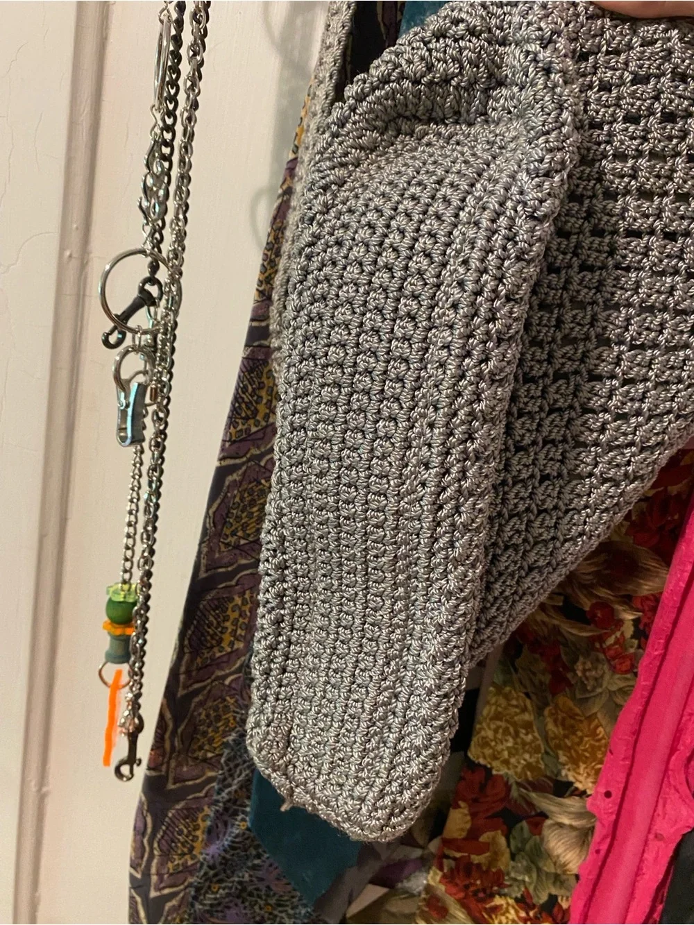 silver crochet shoulder bag